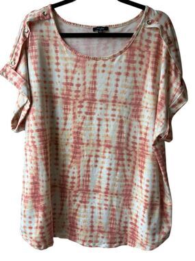 3X A.U.W. Tie Dye Appearance Cap Sleeve Shirt Blouse Stretch Gold Accent Coral